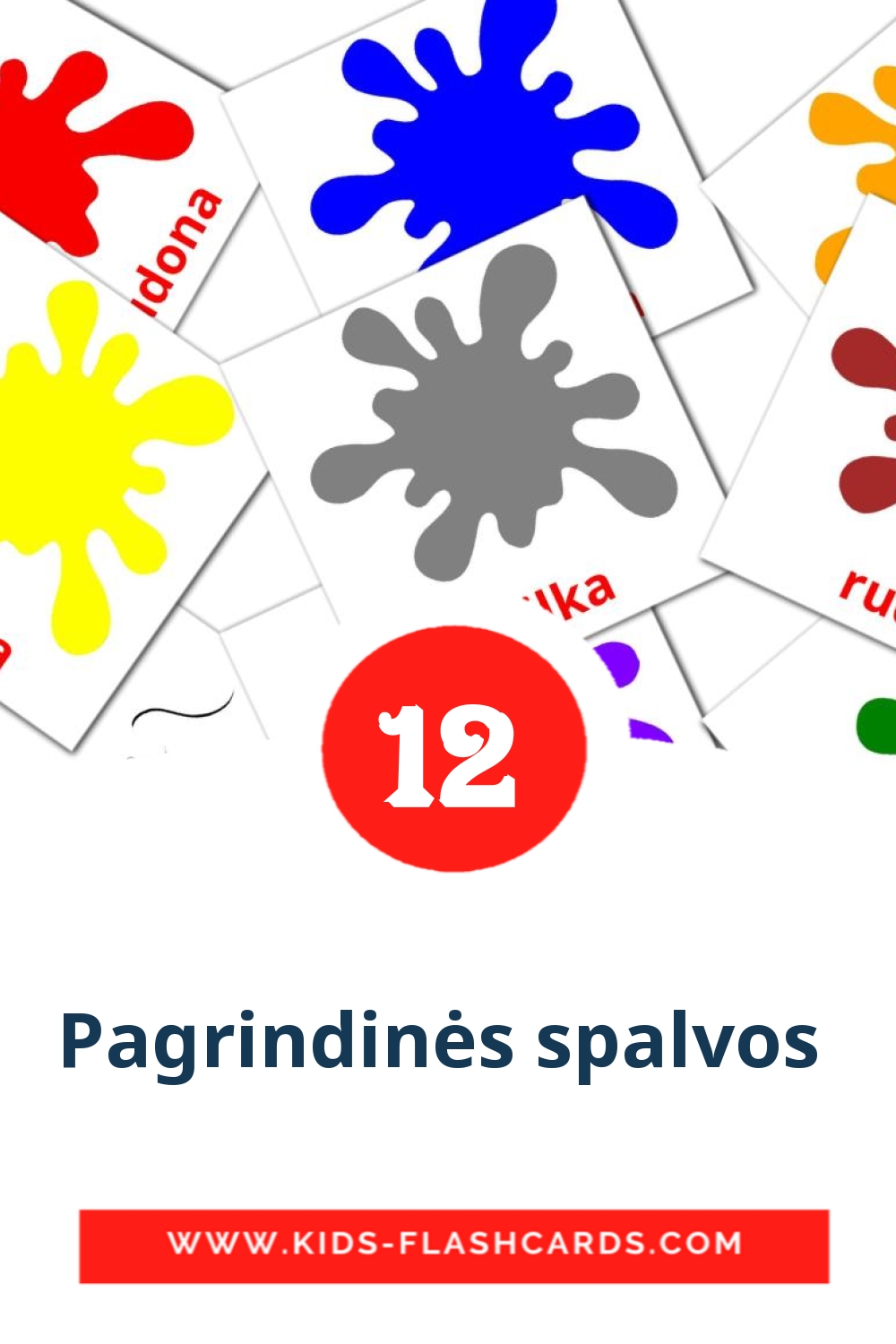 12 Pagrindinės spalvos  Picture Cards for Kindergarden in lithuanian