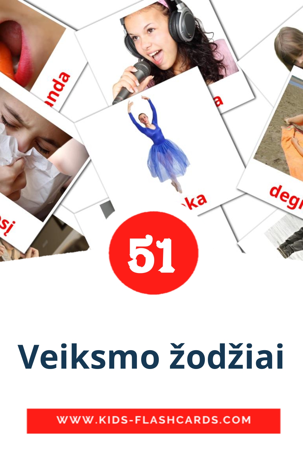 54 Veiksmo žodžiai Picture Cards for Kindergarden in lithuanian