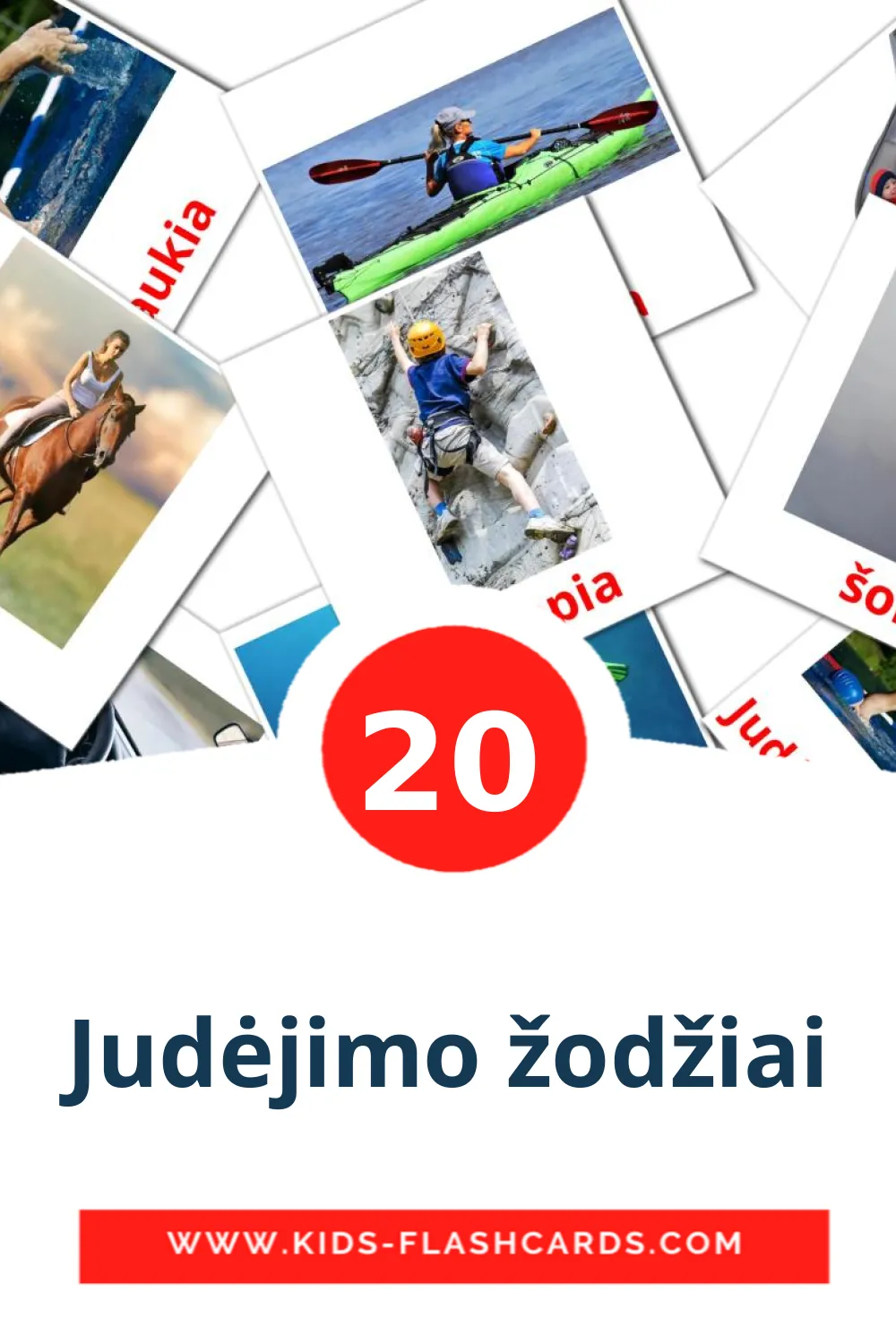 20 Judėjimo žodžiai Picture Cards for Kindergarden in lithuanian