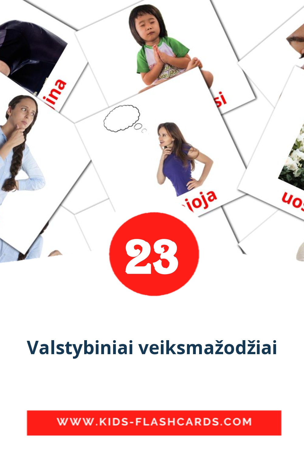 23 cartes illustrées de Valstybiniai veiksmažodžiai pour la maternelle en lituanien