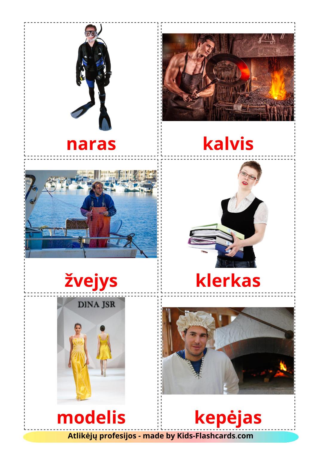 Les Métiers - 51 Flashcards lituanien imprimables gratuitement