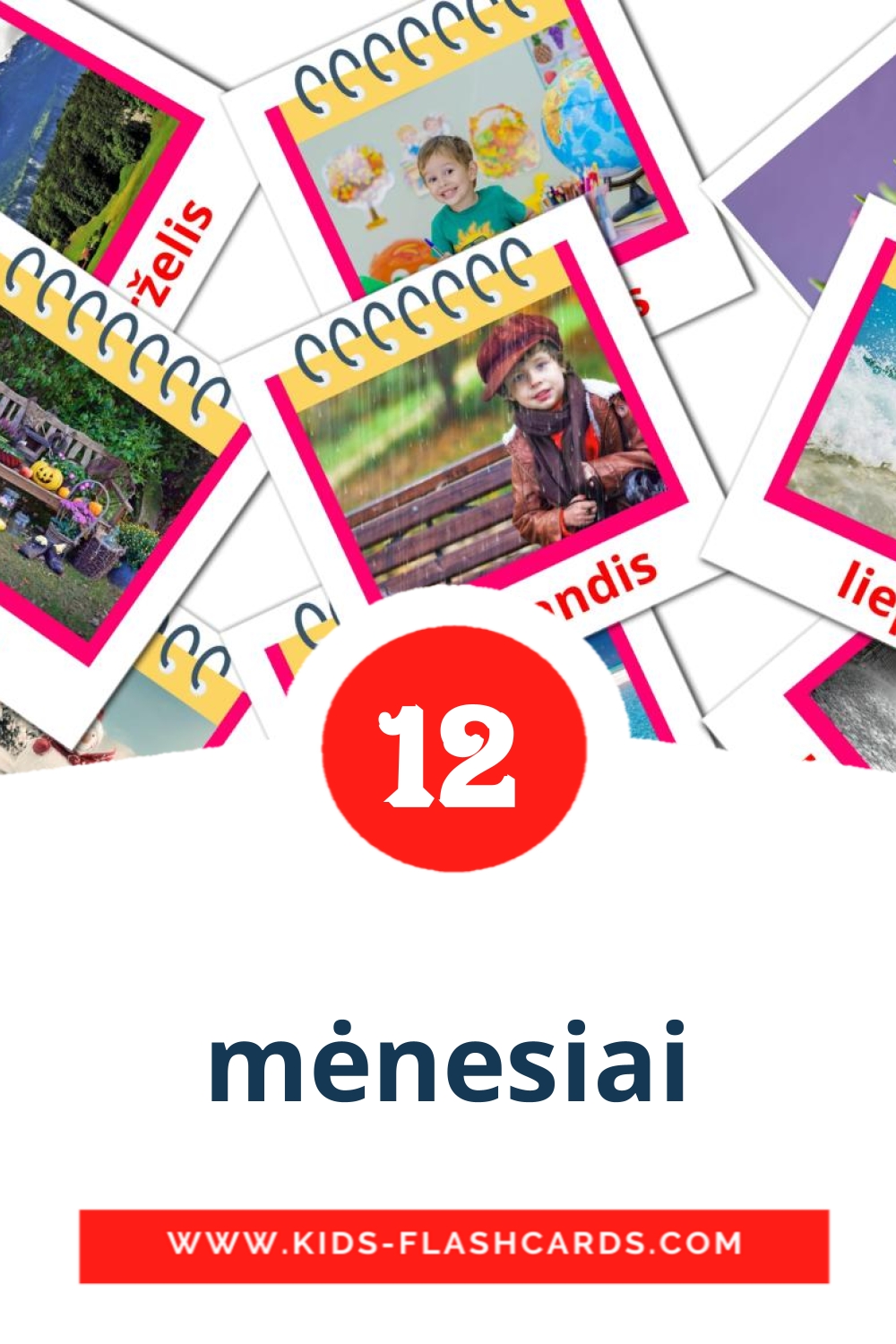 12 cartes illustrées de mėnesiai pour la maternelle en lituanien