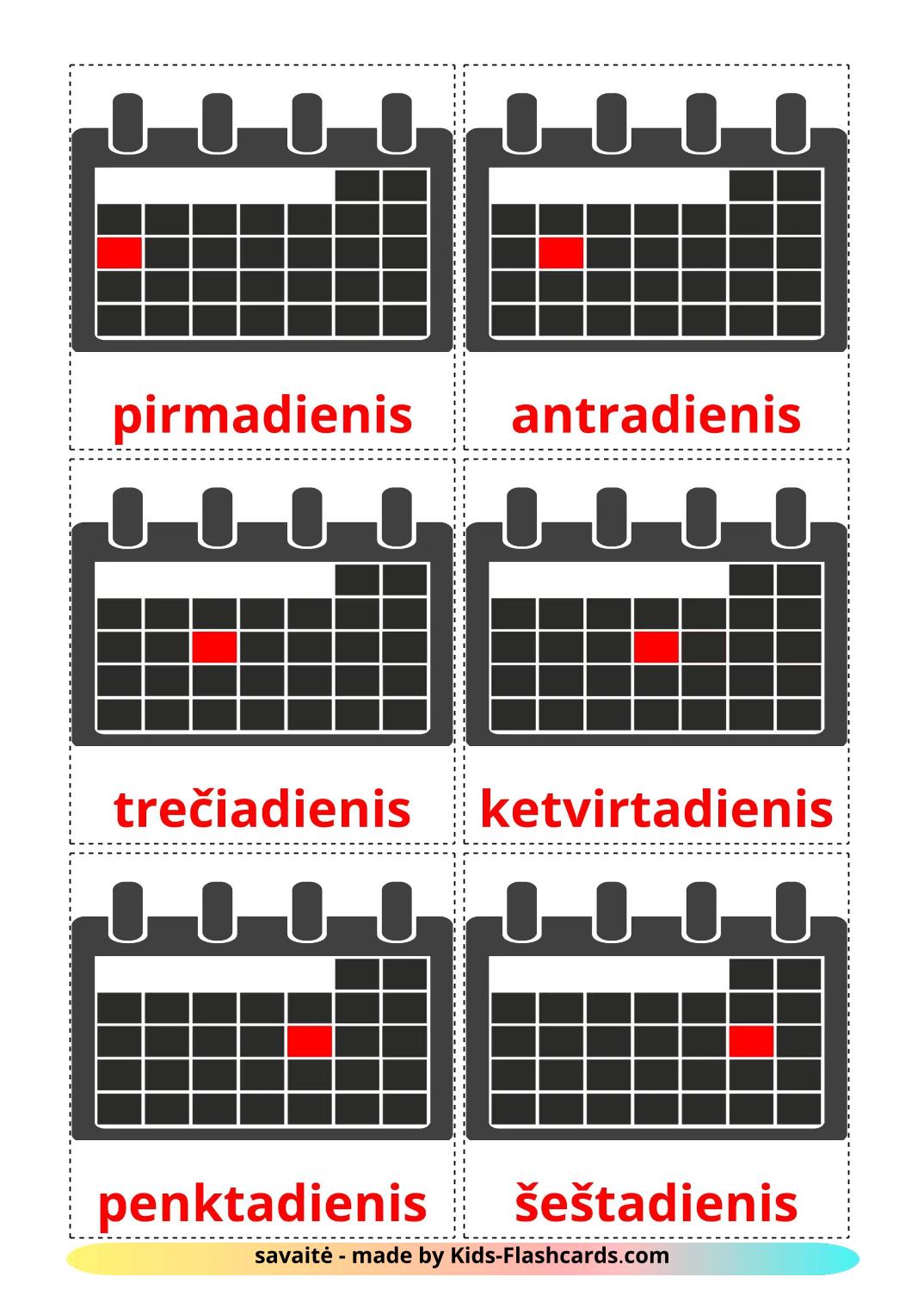 Dias da Semana - 13 Flashcards lituanoes gratuitos para impressão
