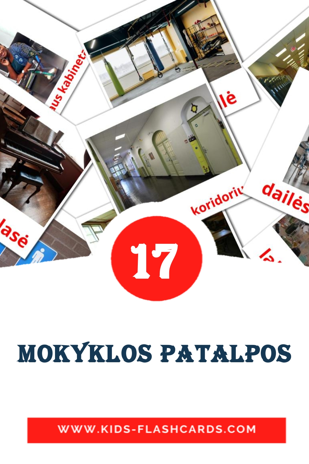 17 mokyklos patalpos Picture Cards for Kindergarden in lithuanian