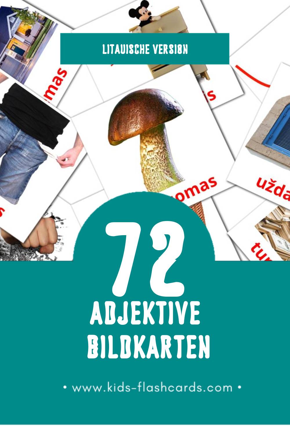 Visual būdvardžiai Flashcards für Kleinkinder (72 Karten in Litauisch)
