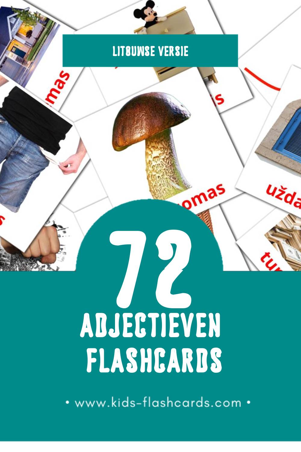 Visuele būdvardžiai Flashcards voor Kleuters (72 kaarten in het Litouws)