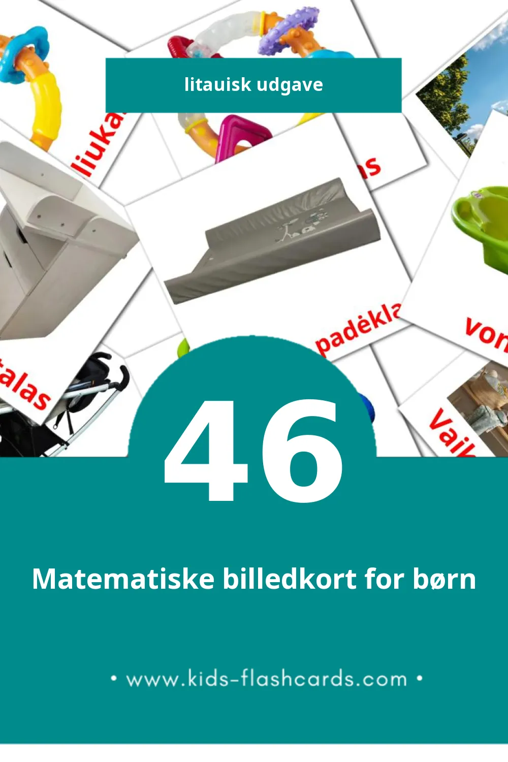 Visuelle billedkort for børn om Kūdikis til småbørn (46 kort på Litauisk)