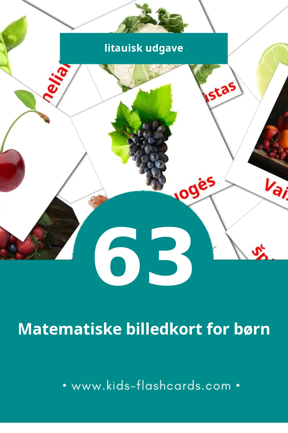 Visuelle billedkort for børn om Maistas til småbørn (63 kort på Litauisk)