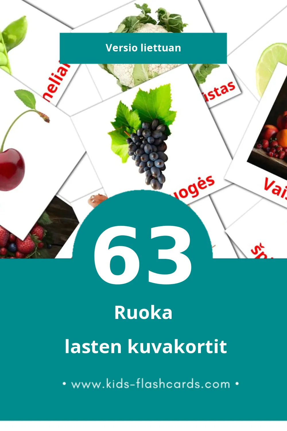 Maistas lasten kuvakortit pikkulapsille (63 korttia Liettuanksi)