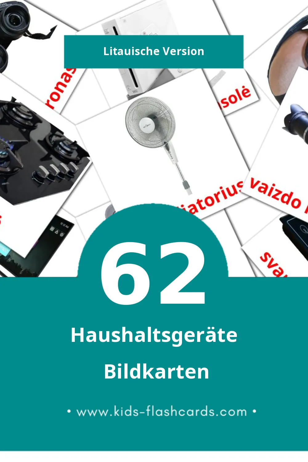 Visual Buitiniai prietaisai Flashcards für Kleinkinder (62 Karten in Litauisch)