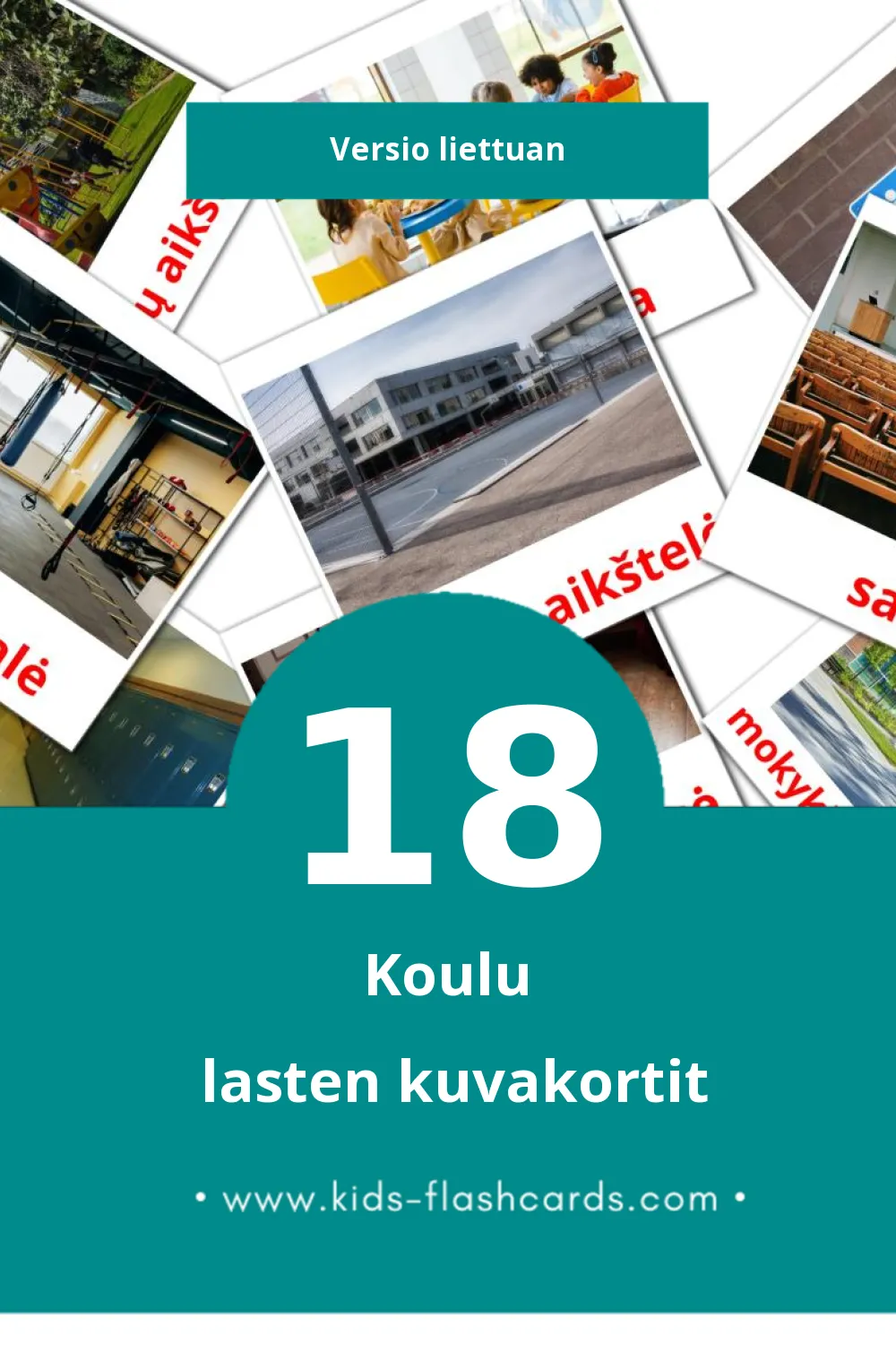 mokykla lasten kuvakortit pikkulapsille (18 korttia Liettuanksi)