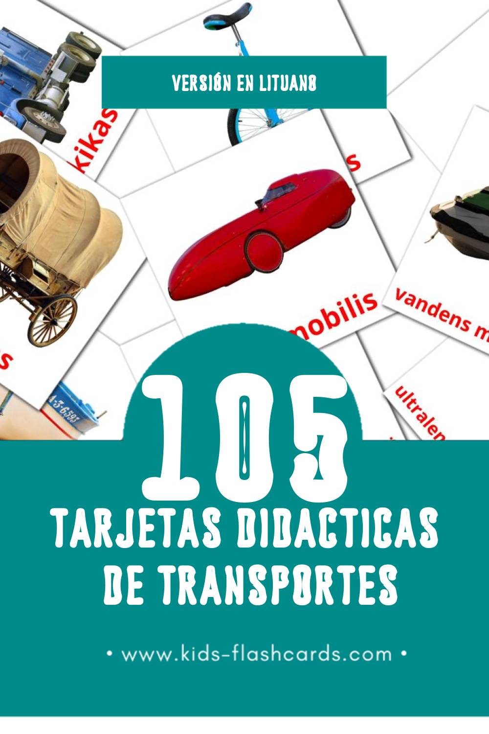 Tarjetas visuales de Transportas para niños pequeños (105 tarjetas en Lituano)