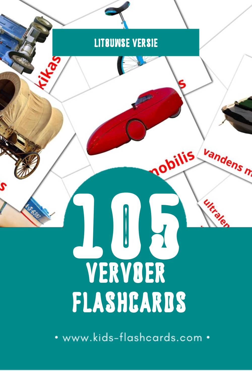 Visuele Transportas Flashcards voor Kleuters (105 kaarten in het Litouws)