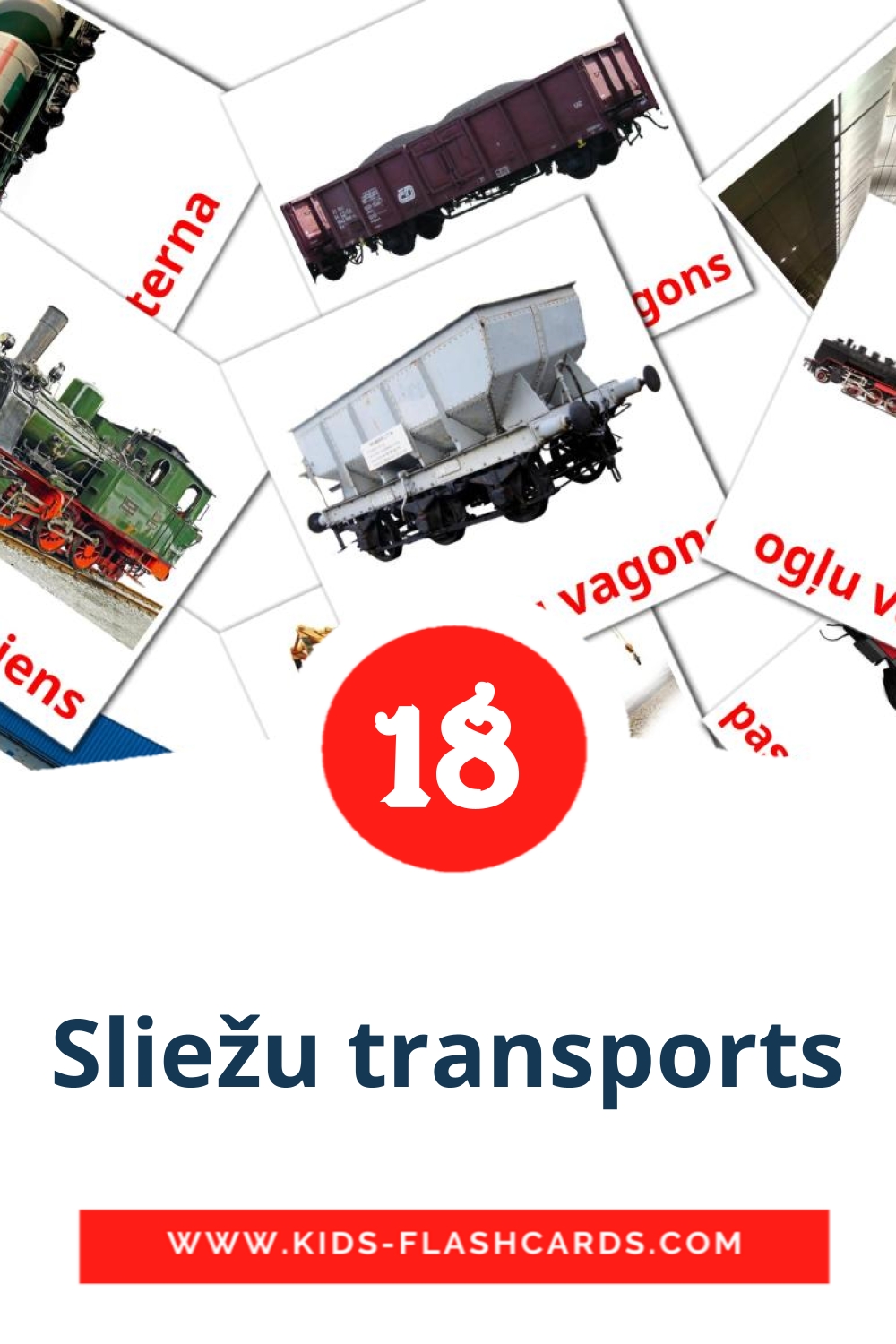 18 carte illustrate di Sliežu transports per la scuola materna in lettone