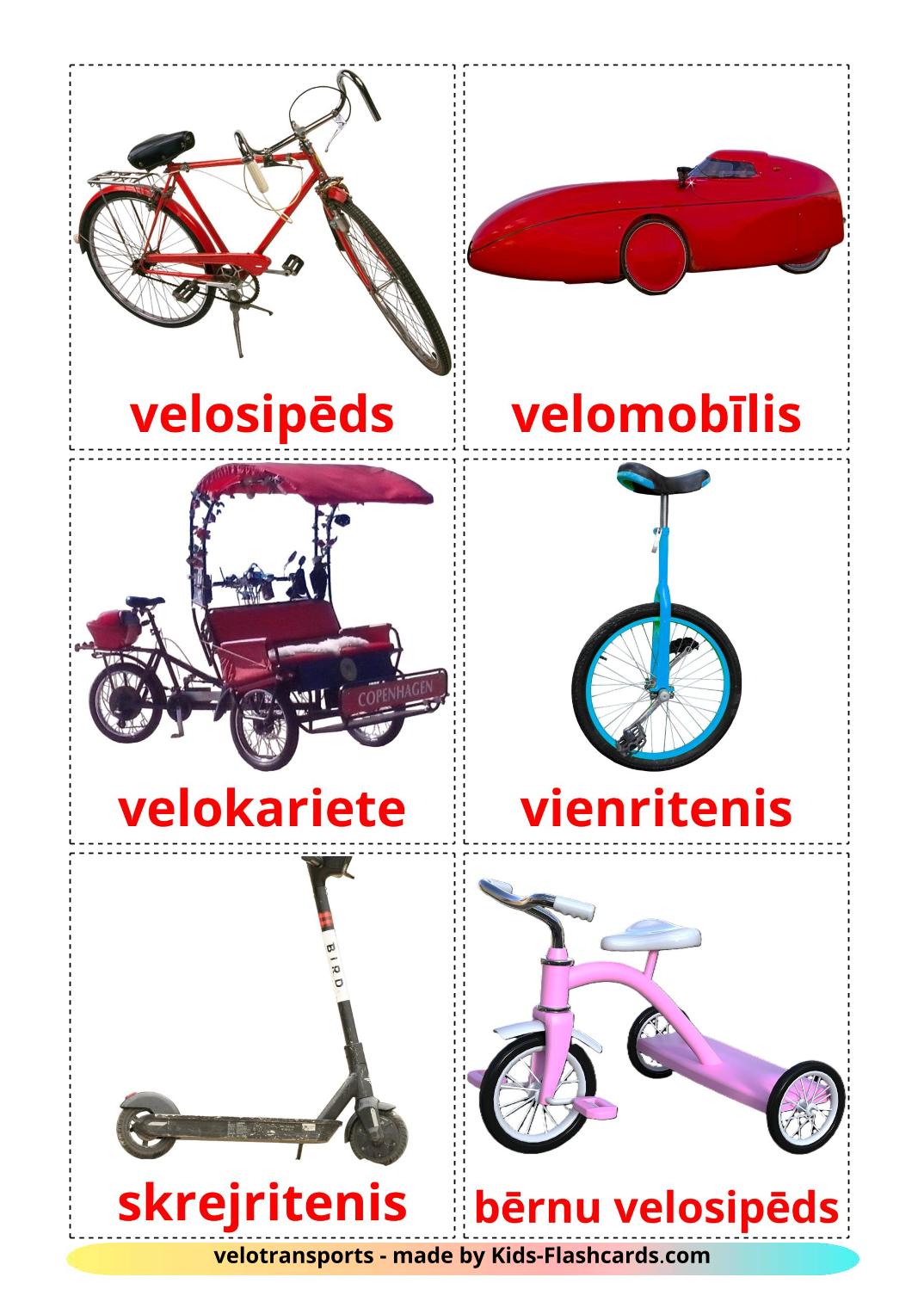 Véhicules Vélo - 16 Flashcards letton imprimables gratuitement