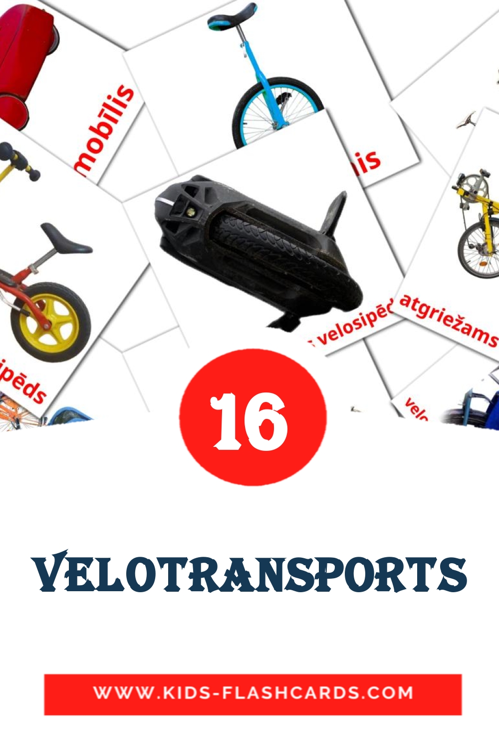 16 Cartões com Imagens de velotransports para Jardim de Infância em letão