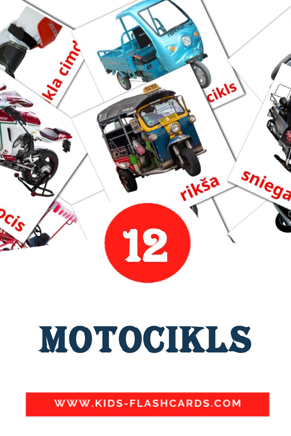 12 carte illustrate di motocikls per la scuola materna in lettone