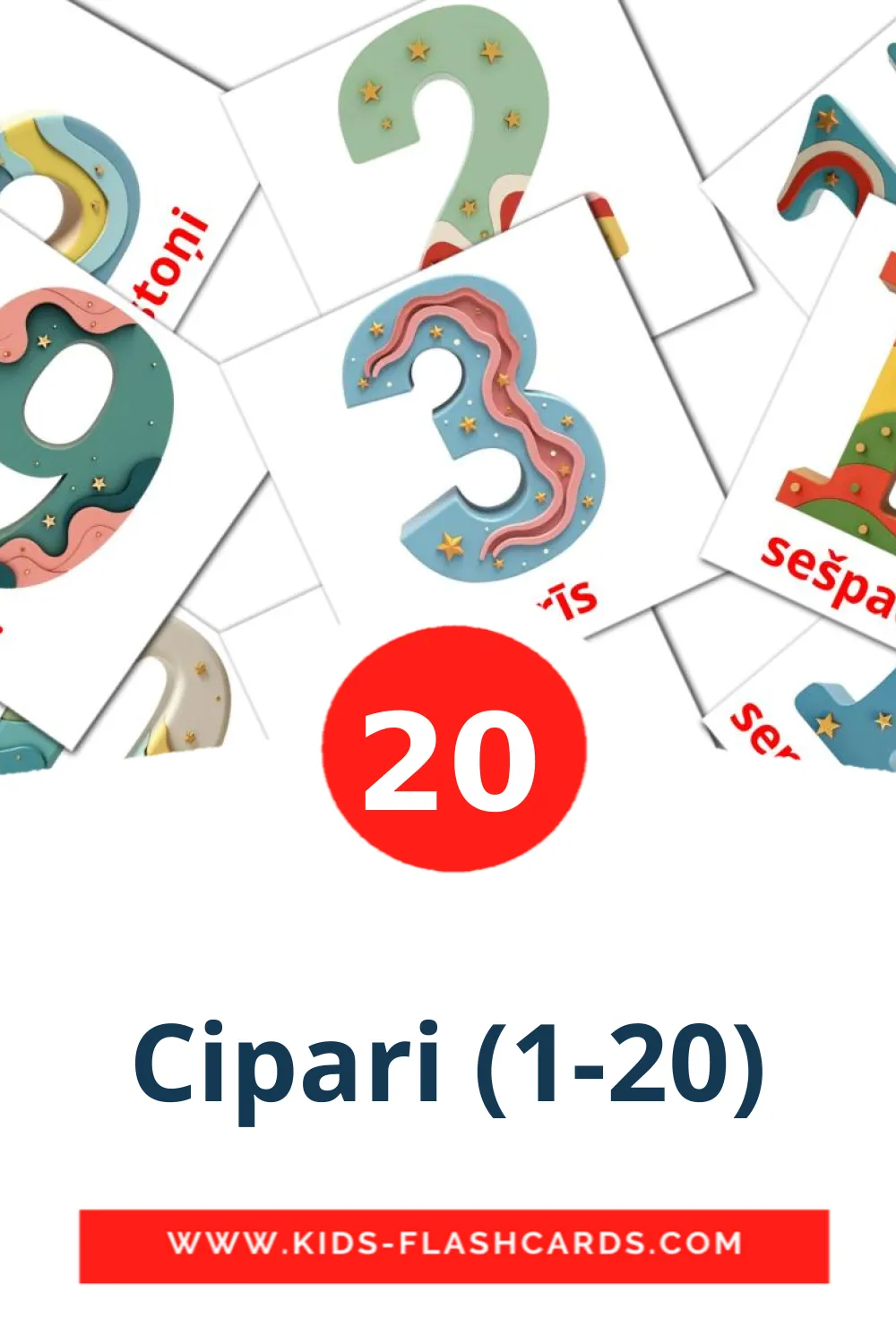 20 Cipari (1-20) fotokaarten voor kleuters in het lets