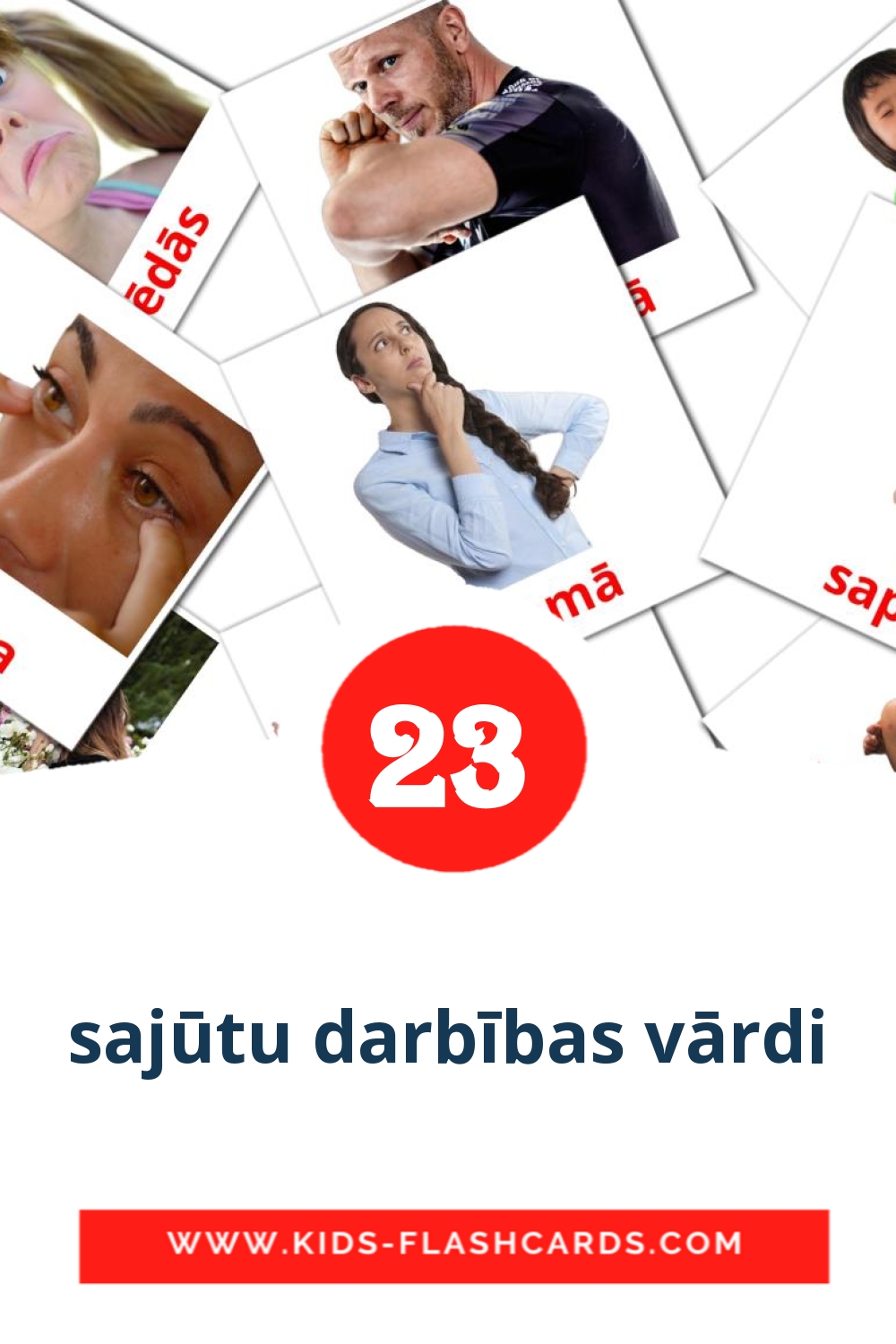 23 carte illustrate di sajūtu darbības vārdi per la scuola materna in lettone