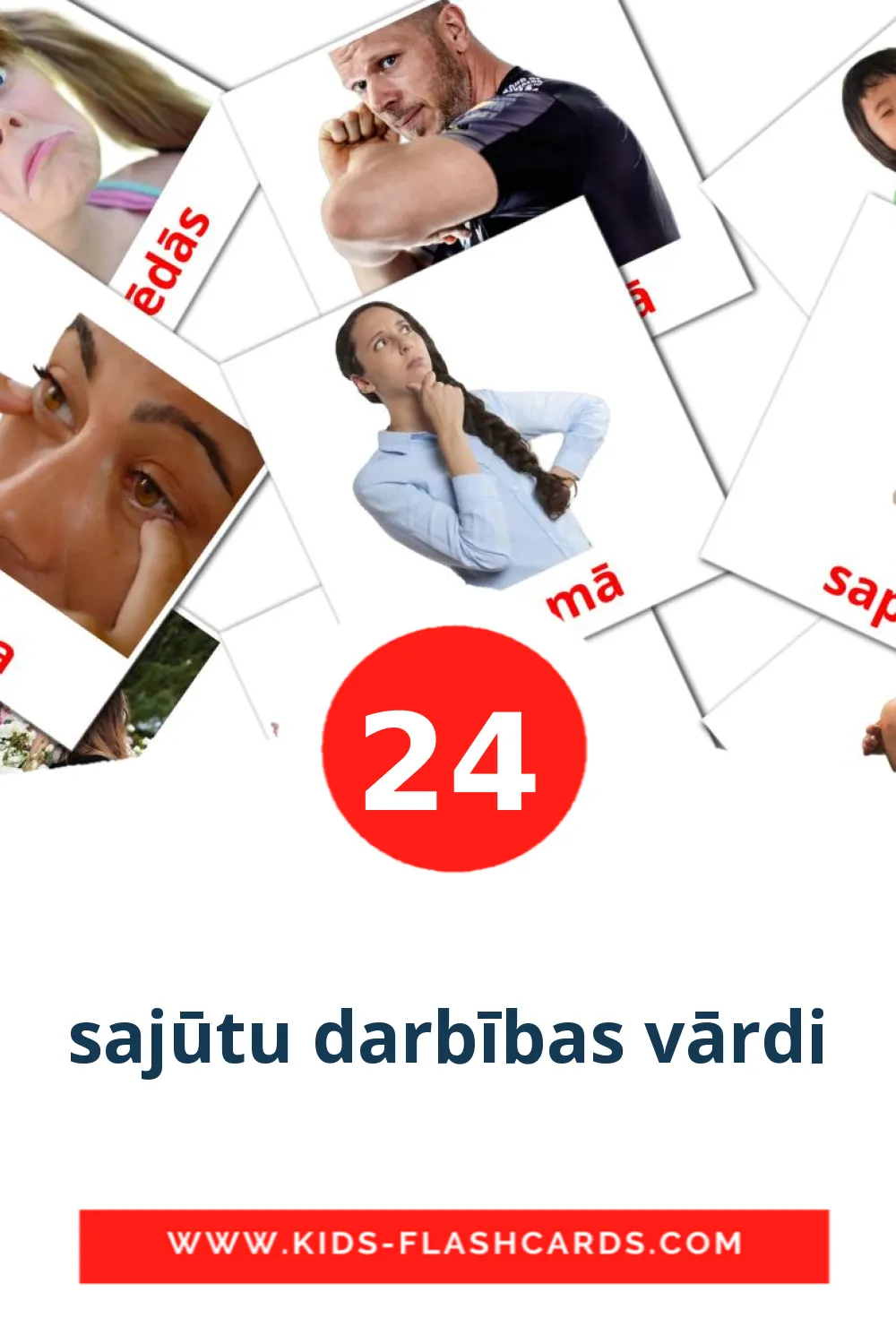 24 cartes illustrées de sajūtu darbības vārdi pour la maternelle en letton