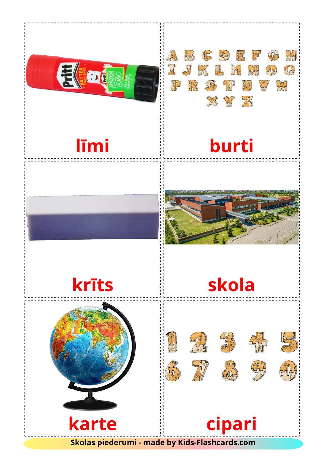 Classroom objects - 36 Free Printable latvian Flashcards 