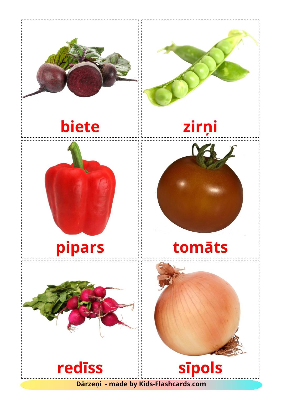 Les Légumes - 29 Flashcards letton imprimables gratuitement