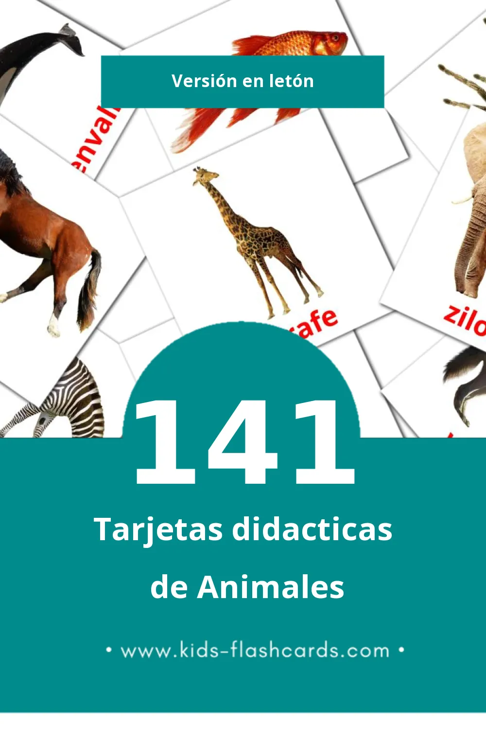 Tarjetas visuales de Dzīvnieki para niños pequeños (141 tarjetas en Letón)