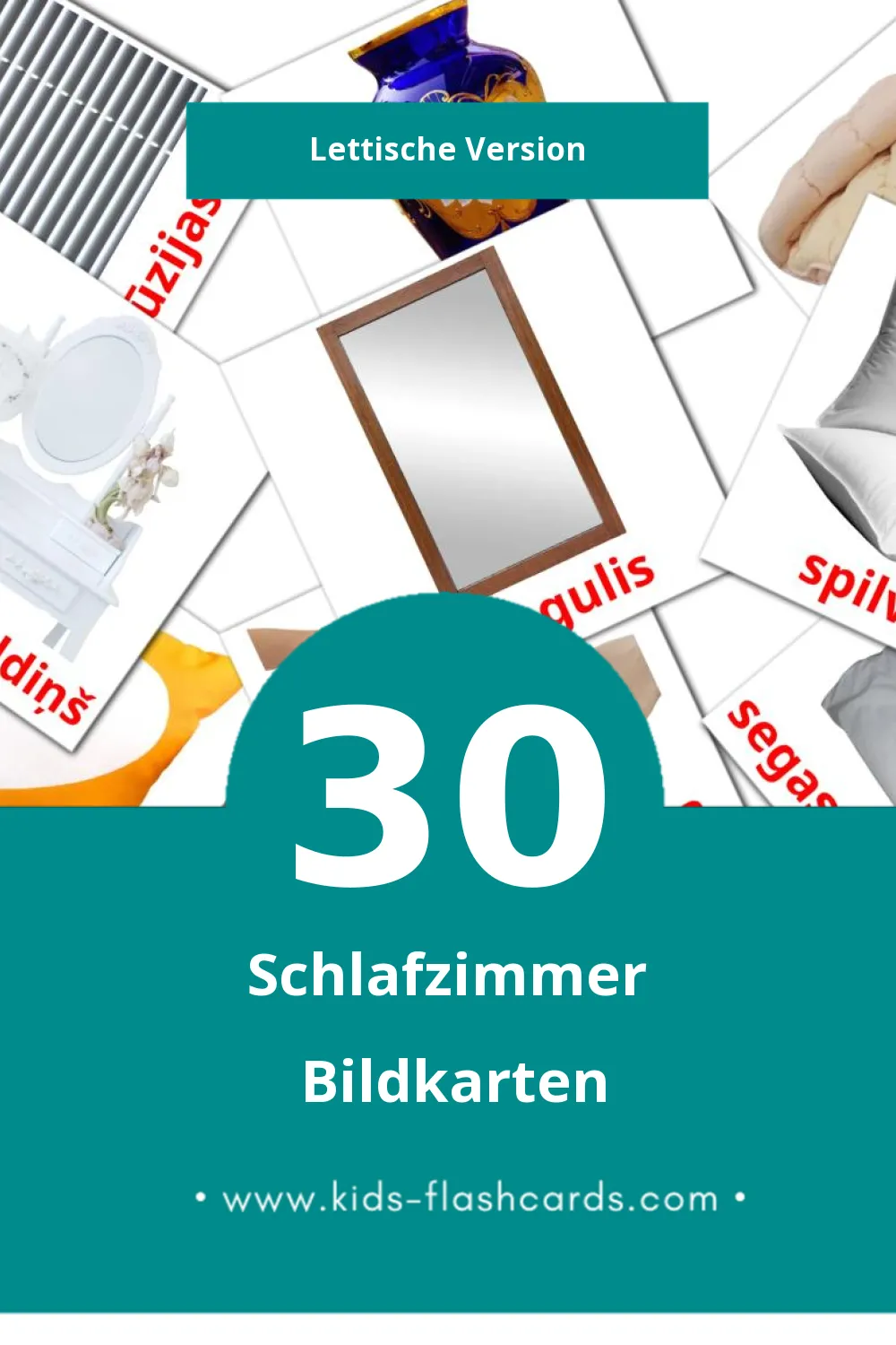 Visual Guļamistaba Flashcards für Kleinkinder (30 Karten in Lettisch)