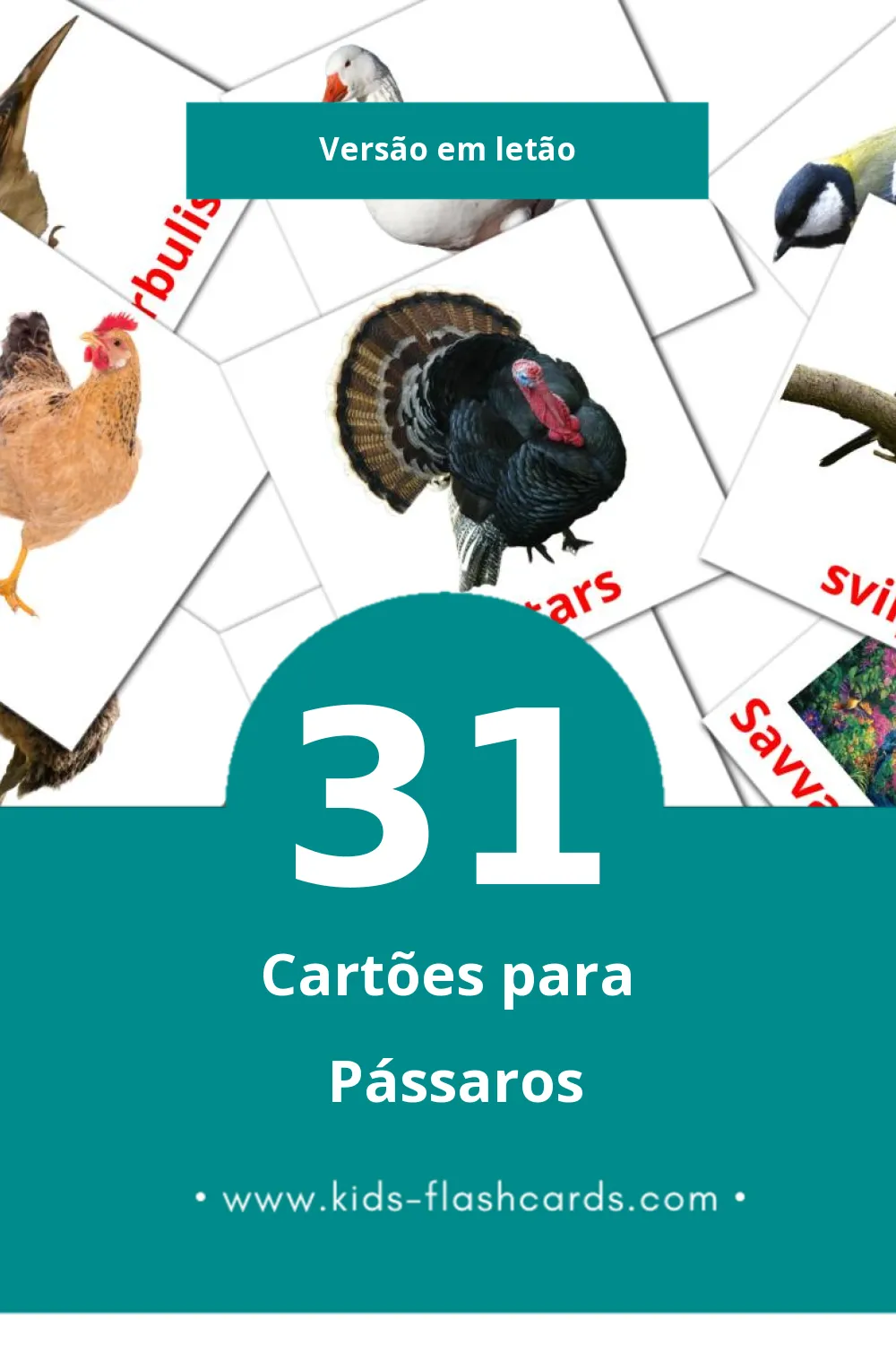 Flashcards de Putni Visuais para Toddlers (31 cartões em Letão)