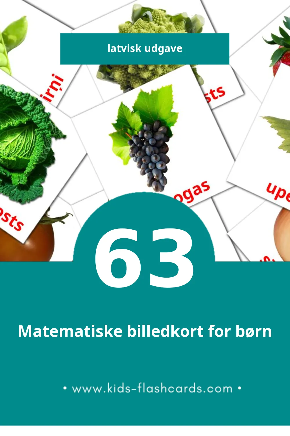 Visuelle billedkort for børn om Ēdiens til småbørn (63 kort på Latvisk)