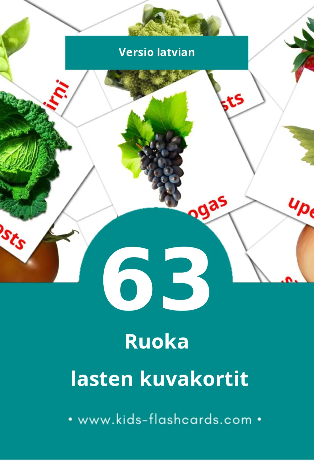 Ēdiens lasten kuvakortit pikkulapsille (63 korttia Latvianksi)