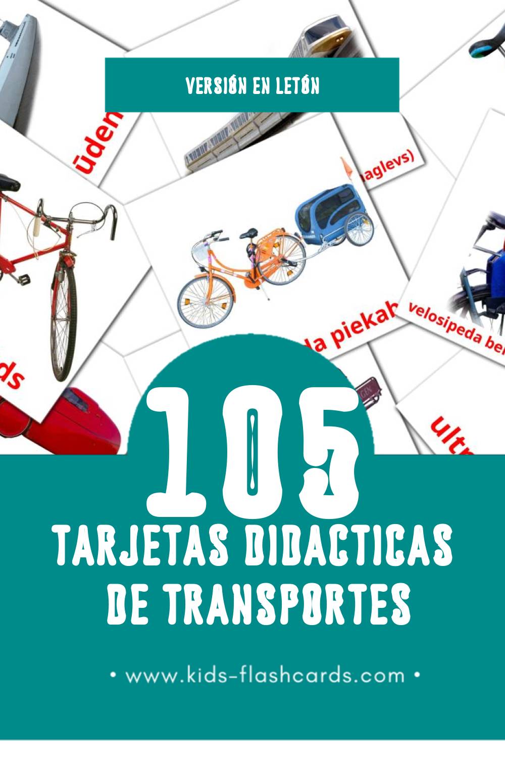 Tarjetas visuales de Transports para niños pequeños (105 tarjetas en Letón)