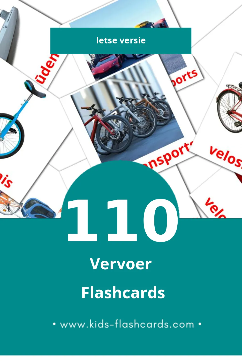 Visuele Transports Flashcards voor Kleuters (110 kaarten in het Lets)