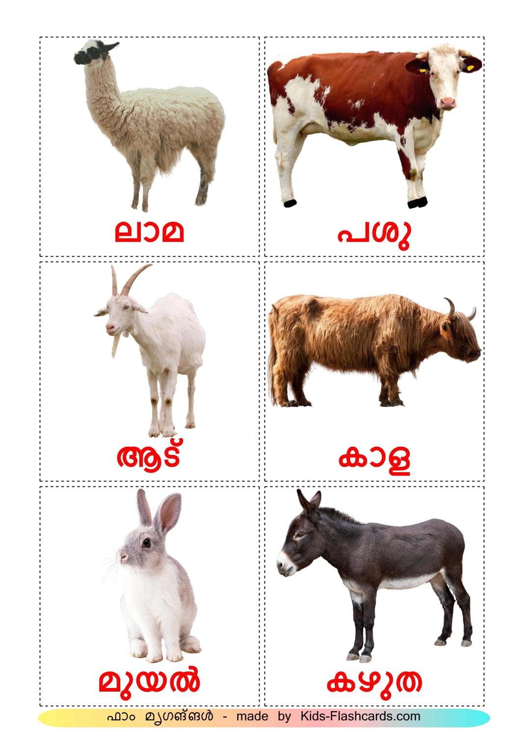 Animais da Fazenda - 15 Flashcards malayalames gratuitos para impressão