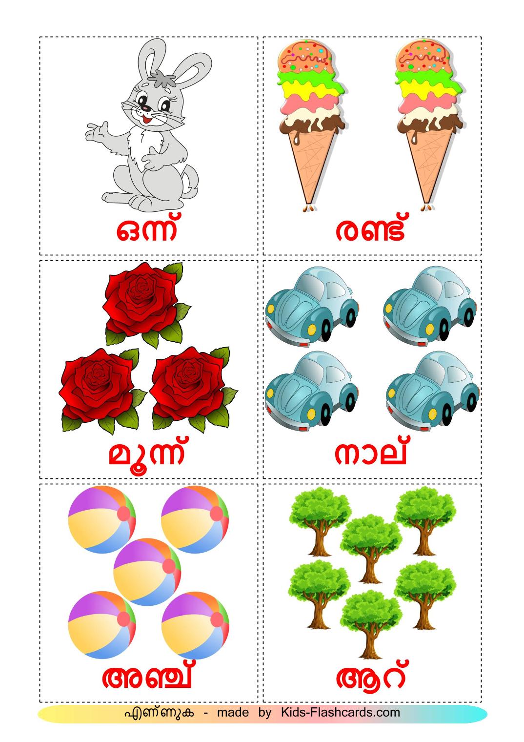 Compter - 10 Flashcards malayalam imprimables gratuitement