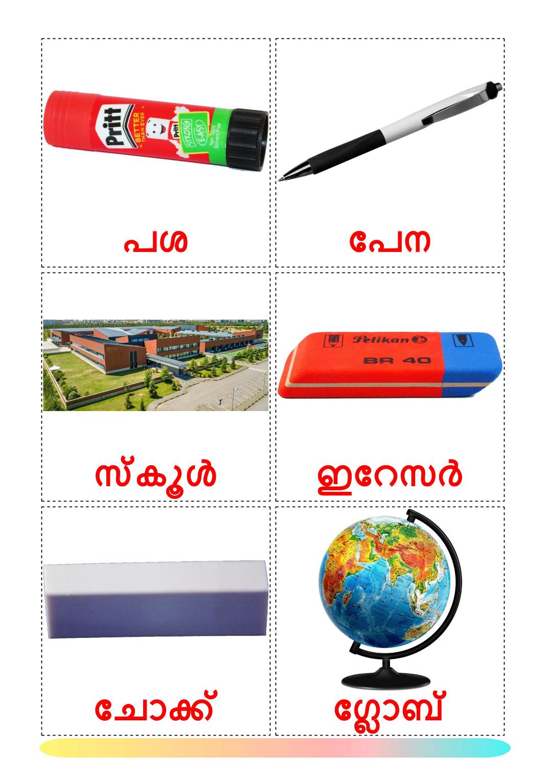 Objekte im Klassenzimmer - 36 kostenlose, druckbare Malayalam Flashcards 