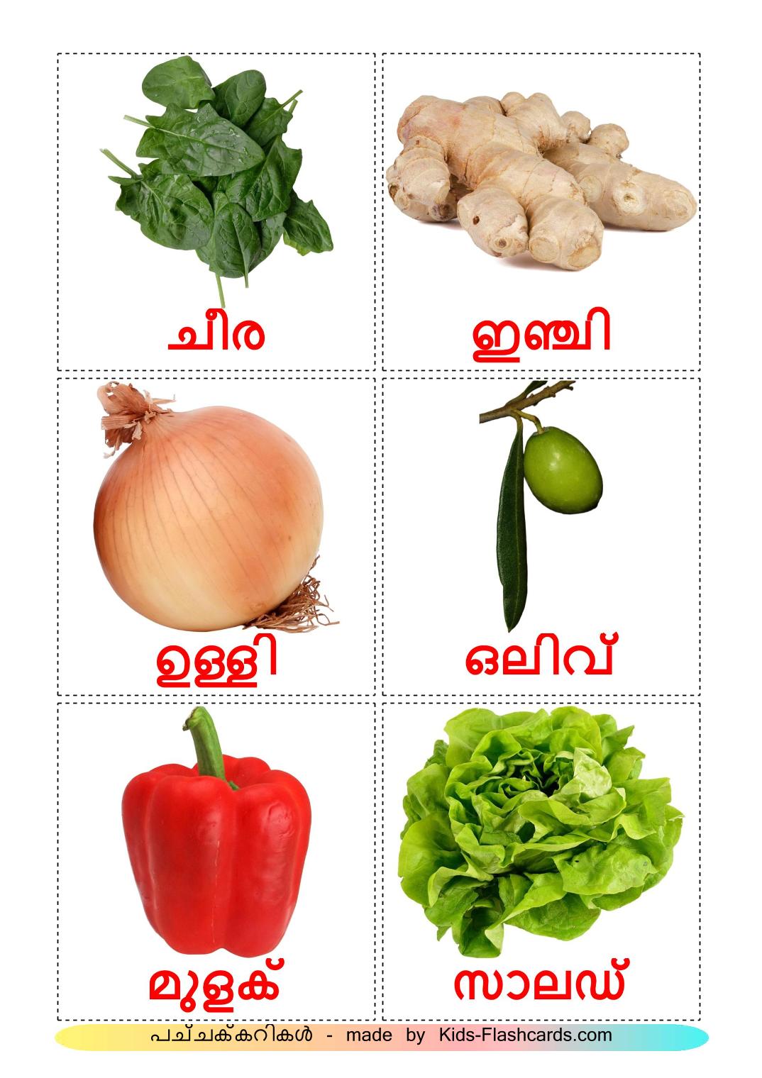 Les Légumes - 29 Flashcards malayalam imprimables gratuitement