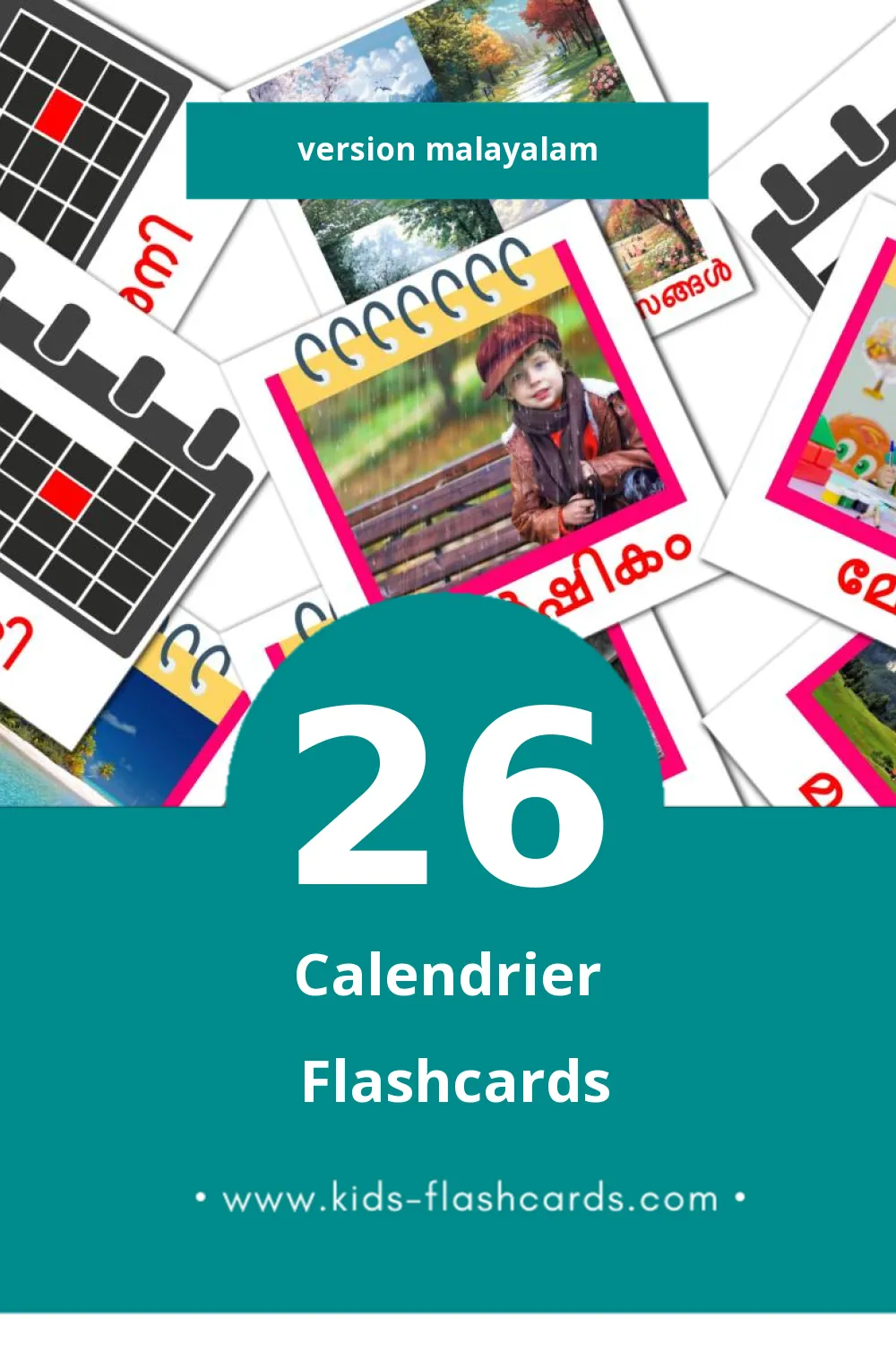 Flashcards Visual കലണ്ടർ pour les tout-petits (26 cartes en Malayalam)