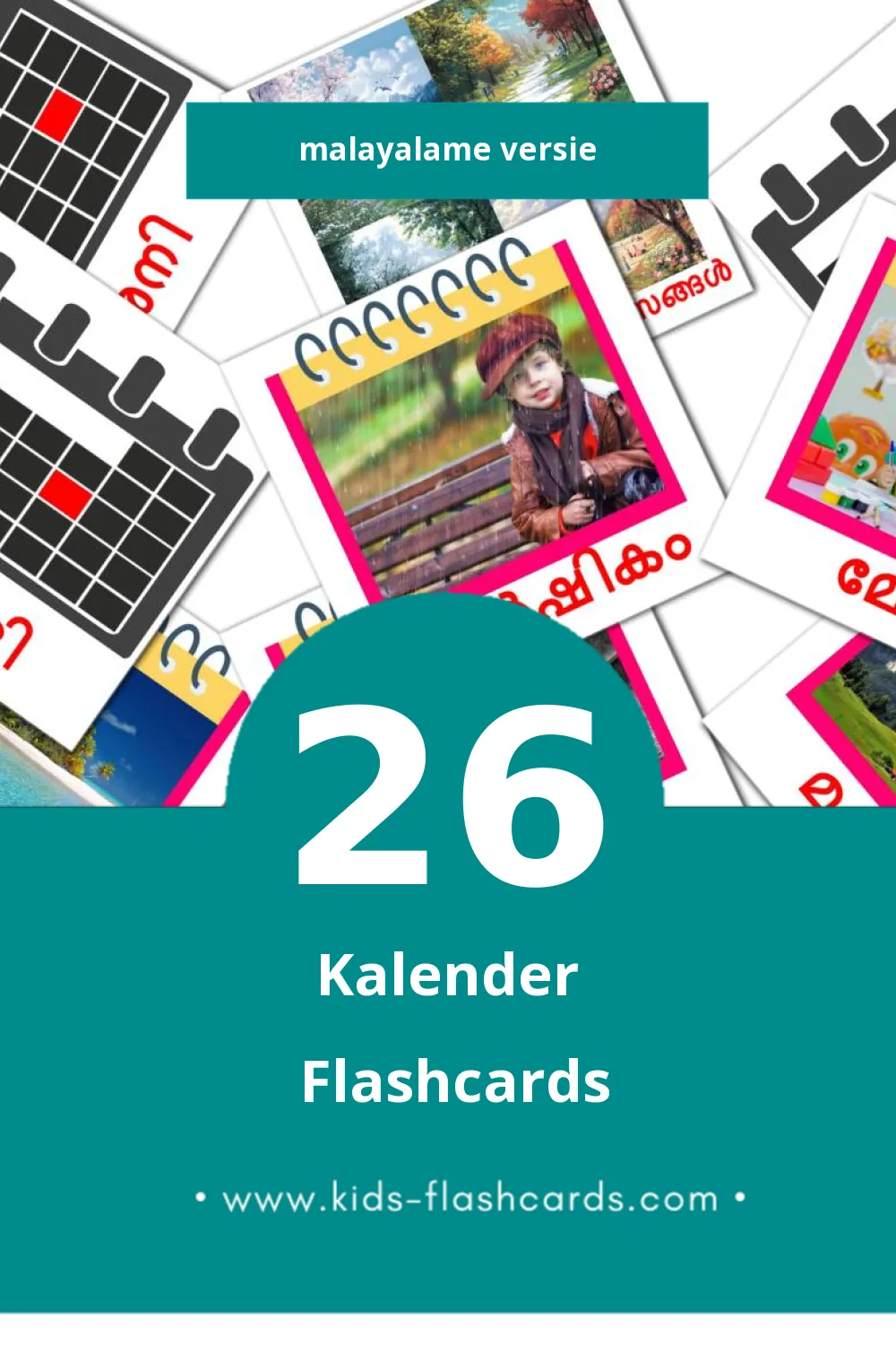 Visuele കലണ്ടർ Flashcards voor Kleuters (26 kaarten in het Malayalam)