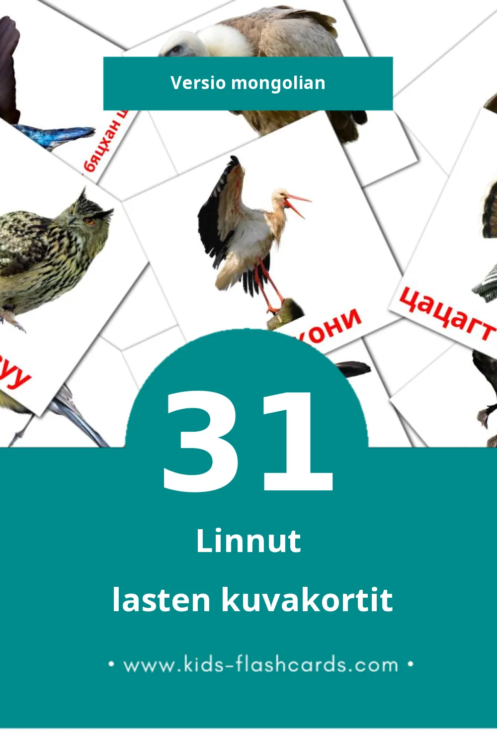 Шувууд lasten kuvakortit pikkulapsille (31 korttia Mongolianksi)