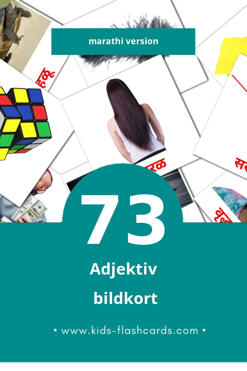 Visuella विशेषणे för småbarn (73 bildkort för barn på Marathi)