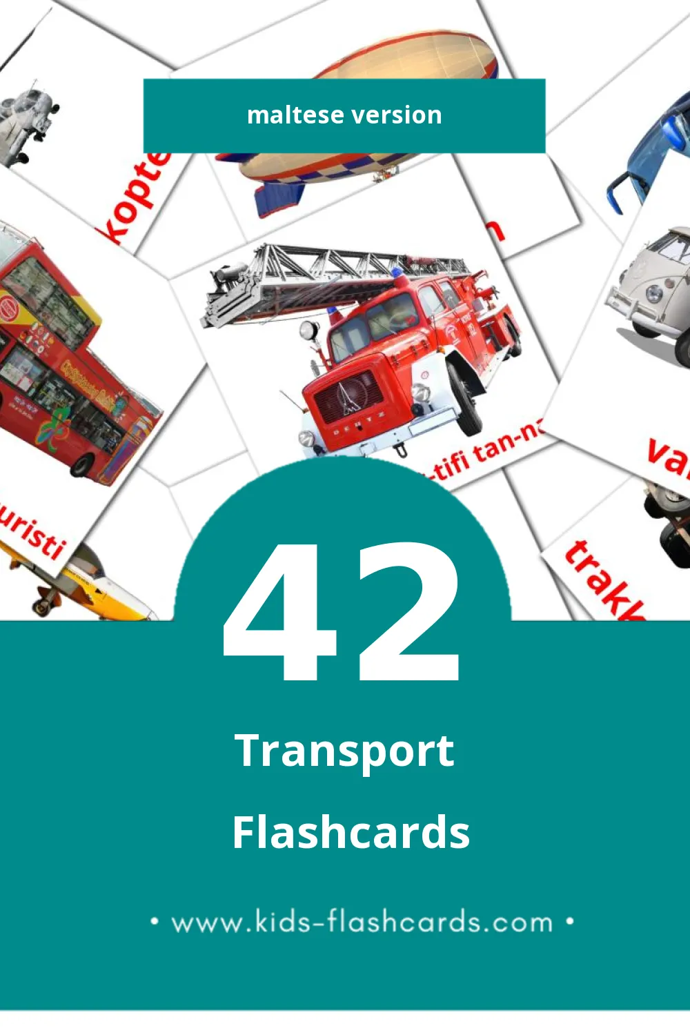 Visual mezzi tat-transport Flashcards for Toddlers (42 cards in Maltese)