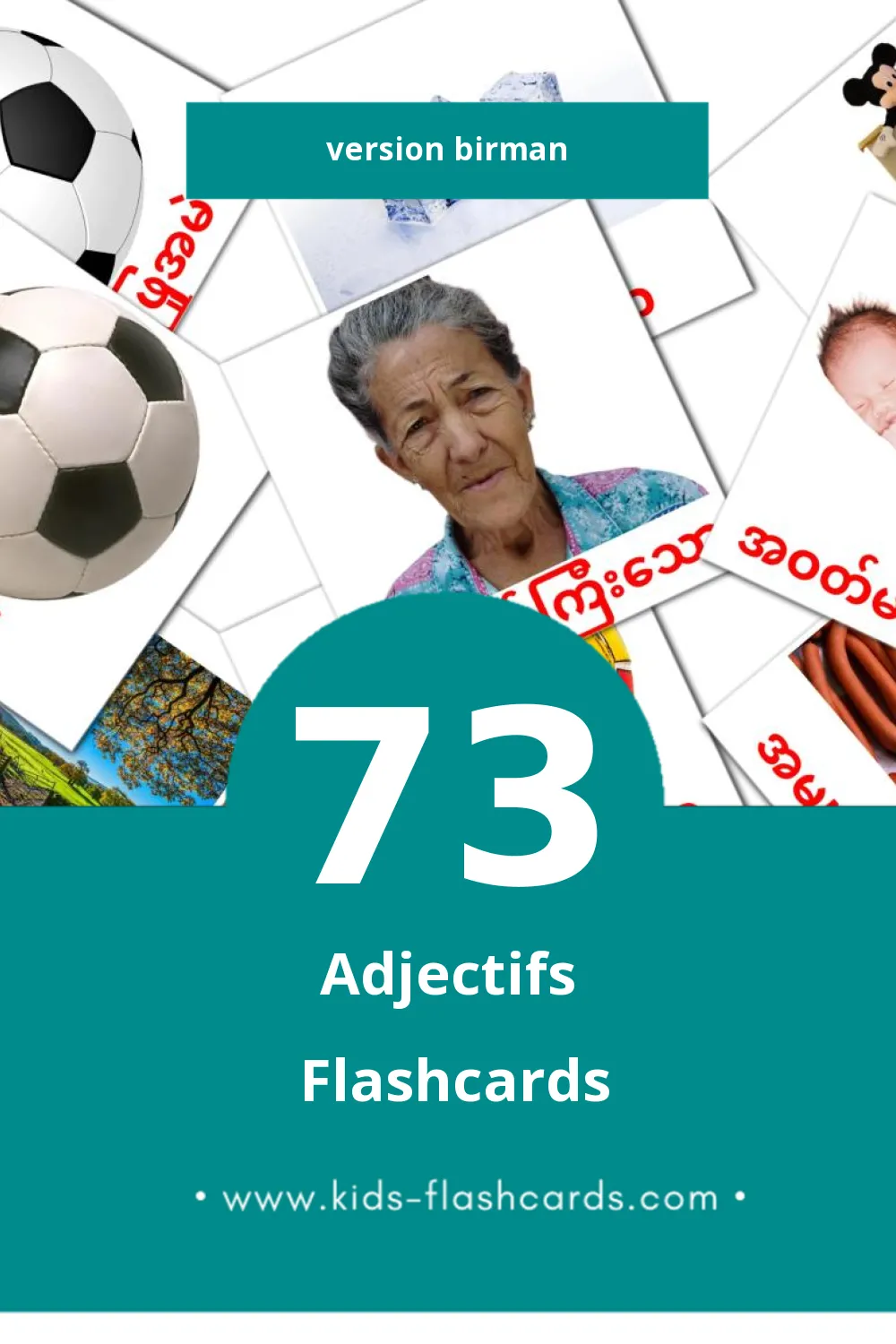 Flashcards Visuelles နာမဝိသေသန pour les Tout-Petits (73 Cartes en Birman)