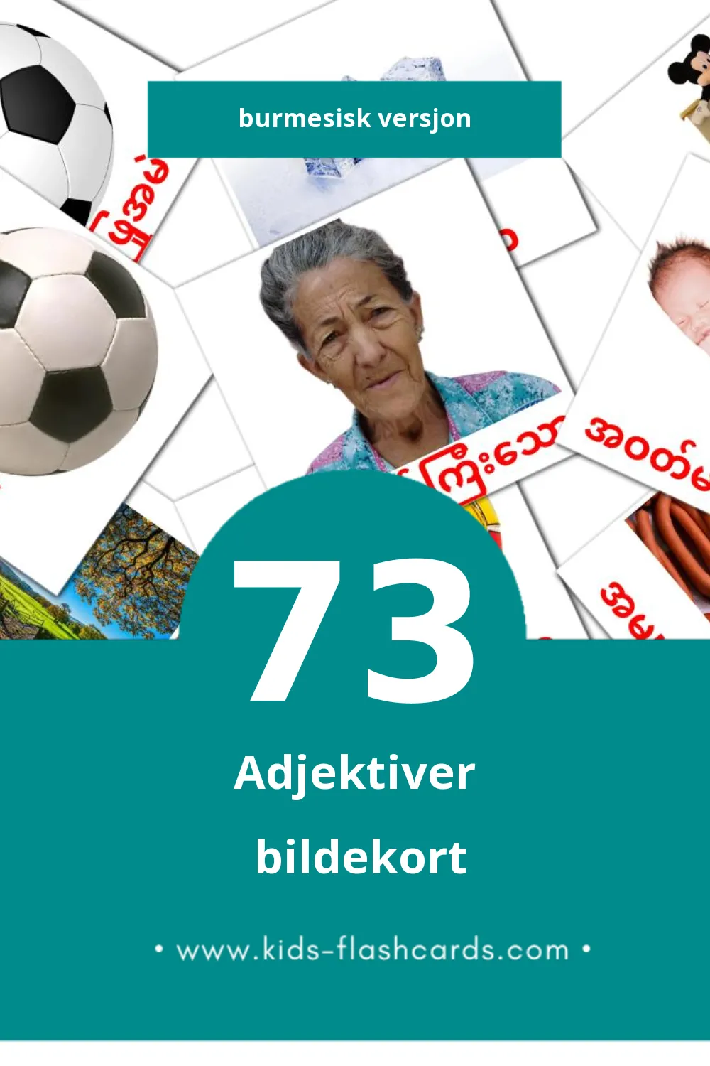 Visuelle နာမဝိသေသန bildekort for småbarn (73 kort på Burmesisk)