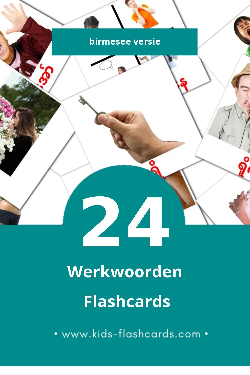 Visuele Verbs Flashcards voor Kleuters (24 kaarten in het Birmese)