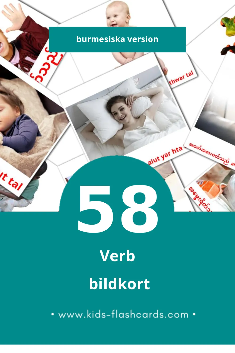 Visuella ကြိယာ för småbarn (58 bildkort för barn på Burmesiska)