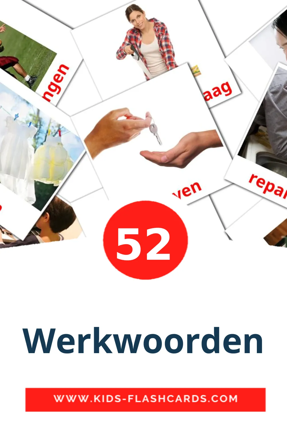 52 carte illustrate di Werkwoorden per la scuola materna in olandese