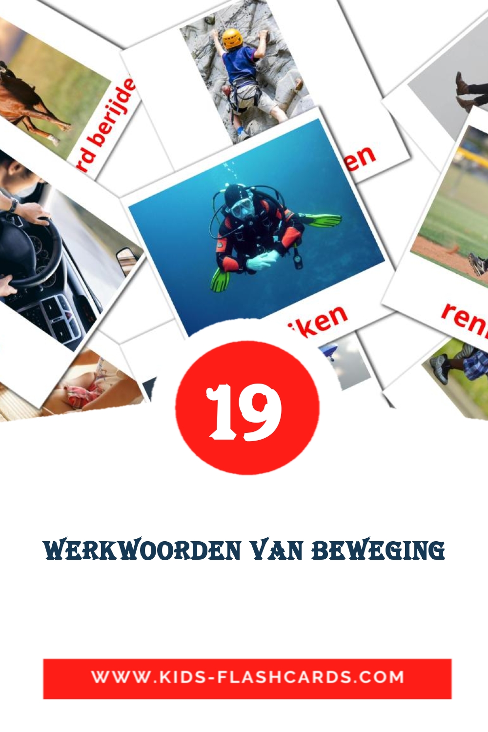 19 cartes illustrées de Werkwoorden van beweging pour la maternelle en néerlandais