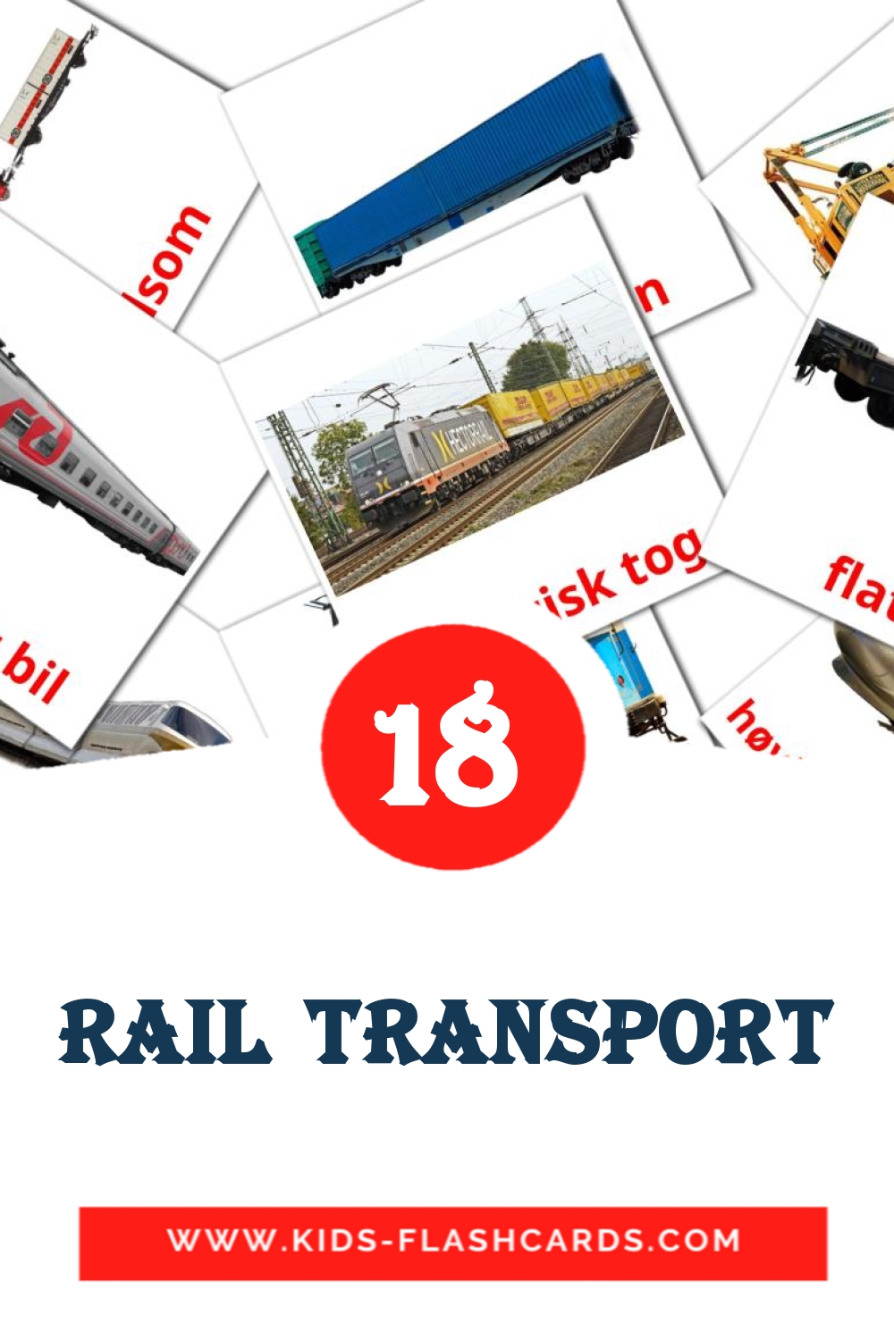 18 cartes illustrées de Rail transport pour la maternelle en norvégien