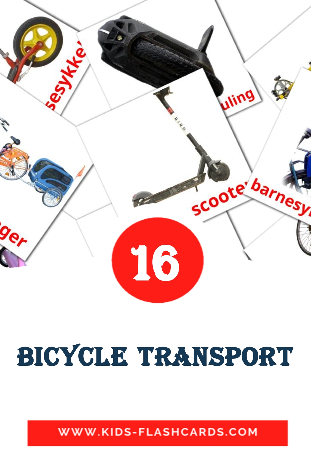 16 cartes illustrées de Bicycle transport pour la maternelle en norvégien